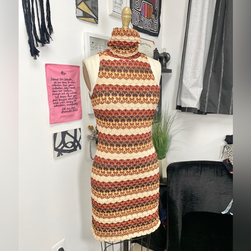 Earth tone bohemian stretch crochet sleeveless turtleneck dress